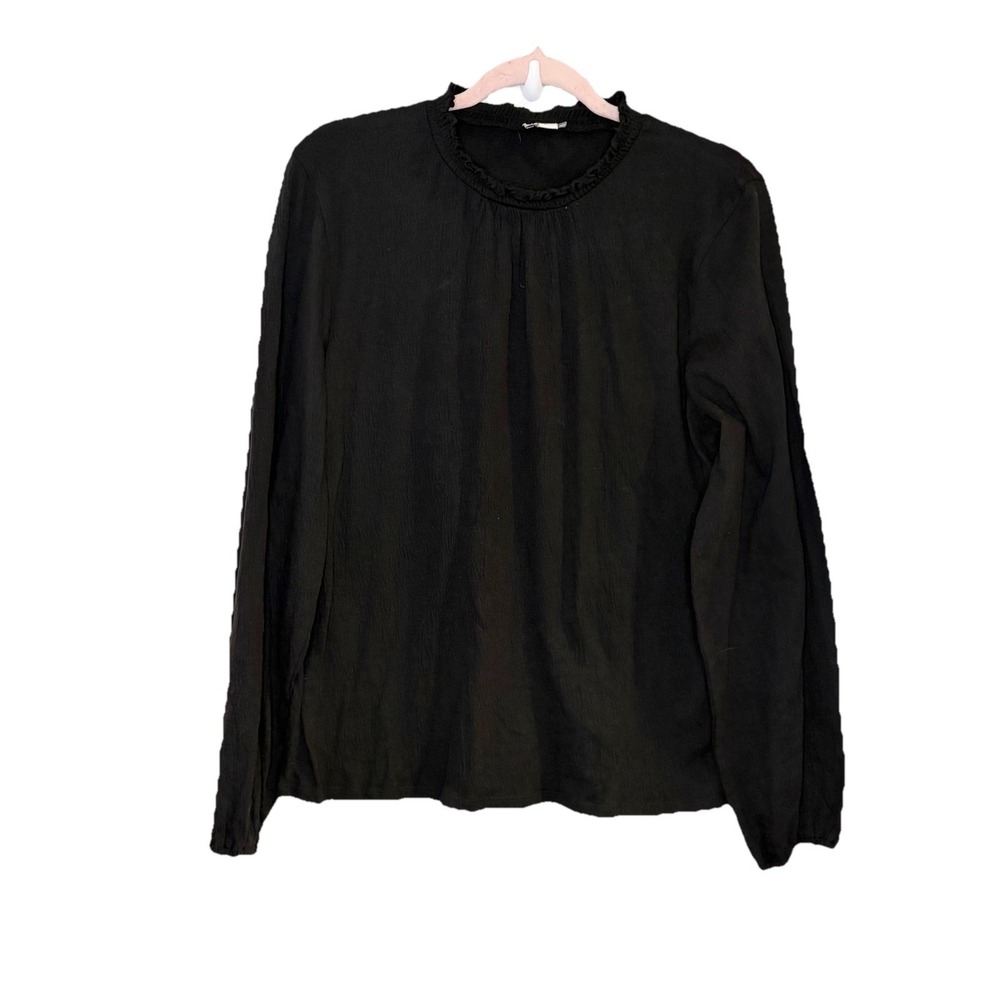 J Crew Women Long Sleeve Ruffle Neck Top Shirt Size M Style BS210 Solid Black
